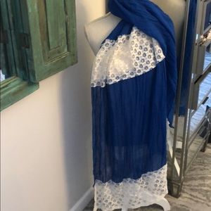 Blue and ivory lace scarf.